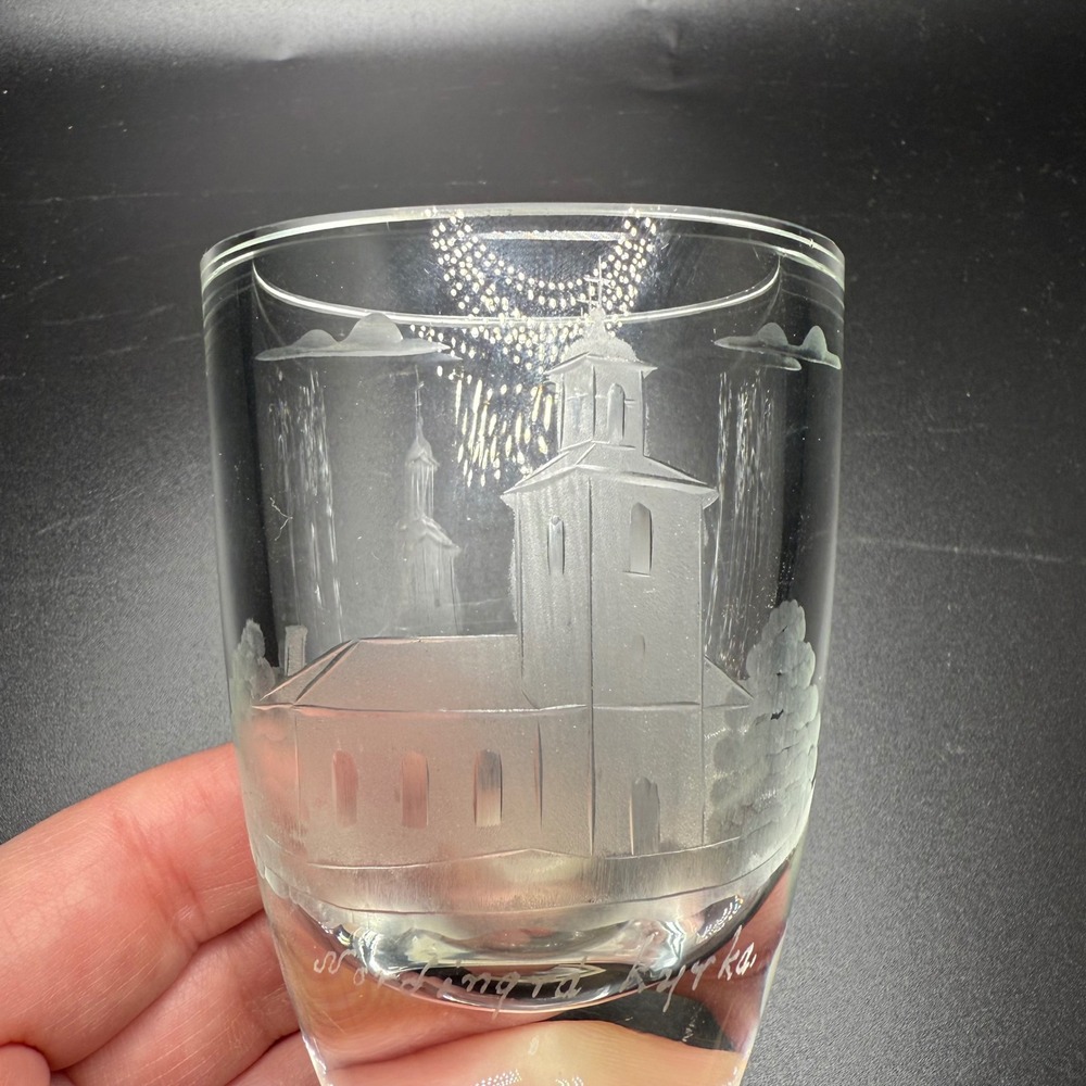 Vintage Etched Glass with Church Scene and Clouds